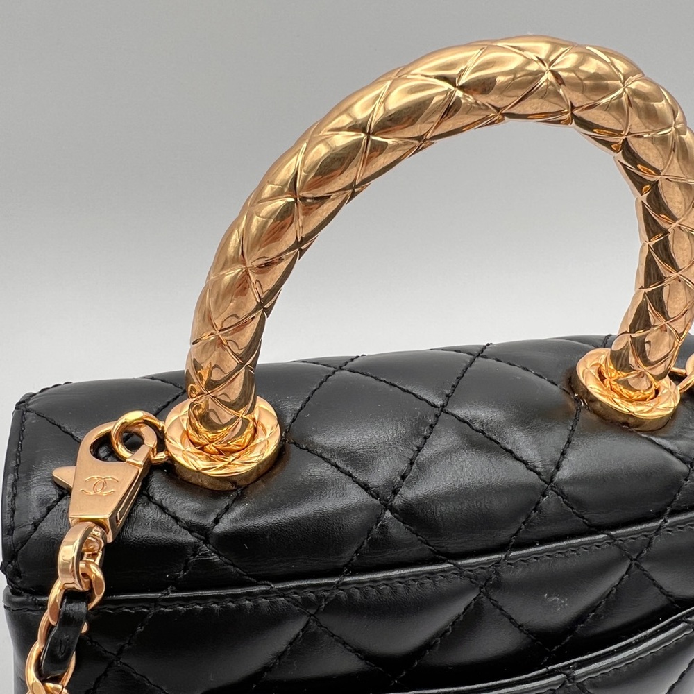 CHANEL Shiny Calfskin Quilted Mini Coco Chain Gold Handle Flap Black Bag - Picture 2 of 16